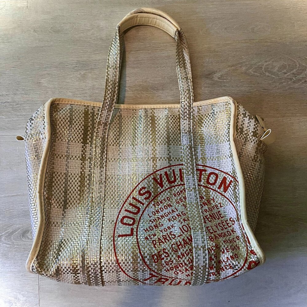 RARE LOUIS VUITTON Street Shopper PM metallic gold silver woven leather tote bag
